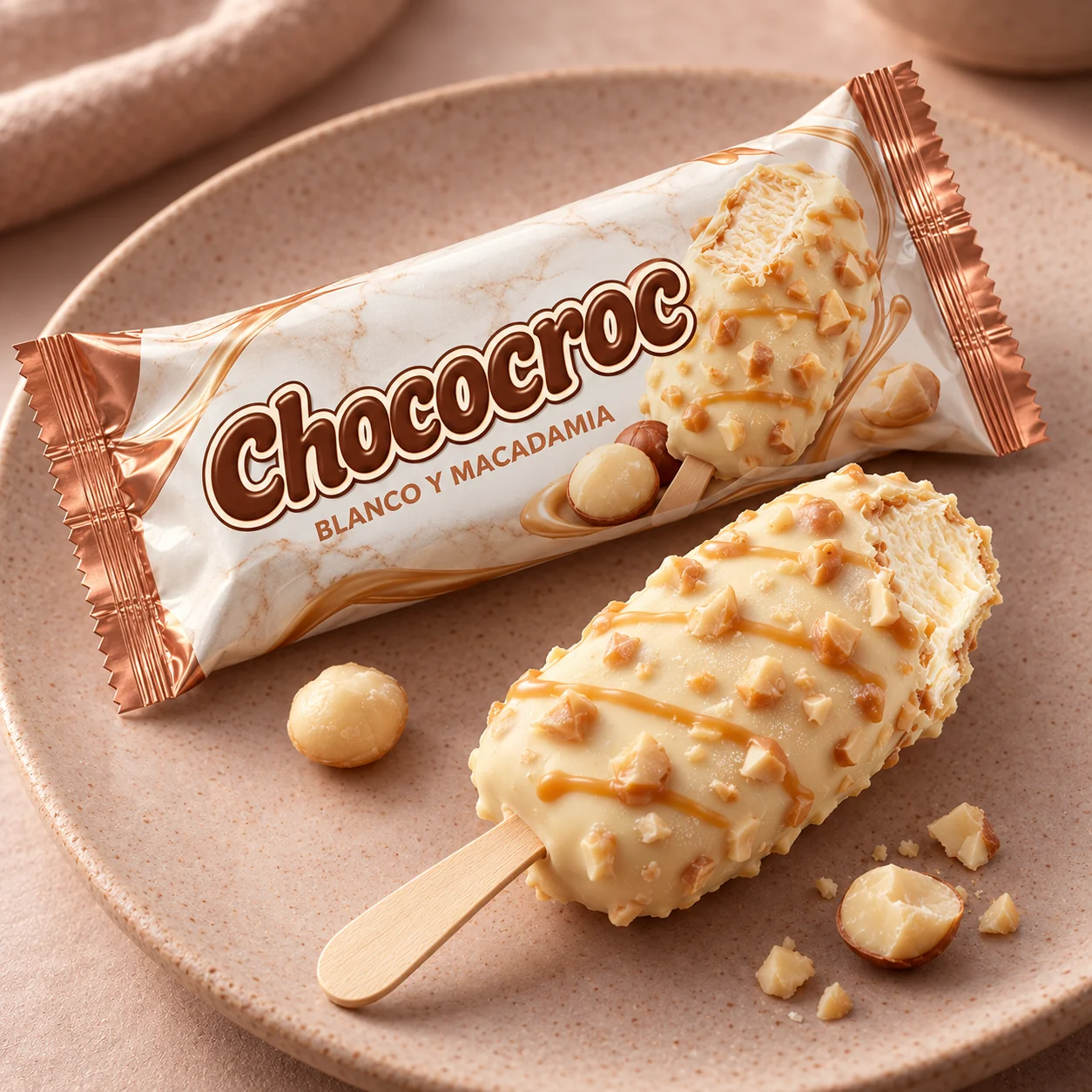CHOCOCROC: helado de chocolate blanco y macadamia