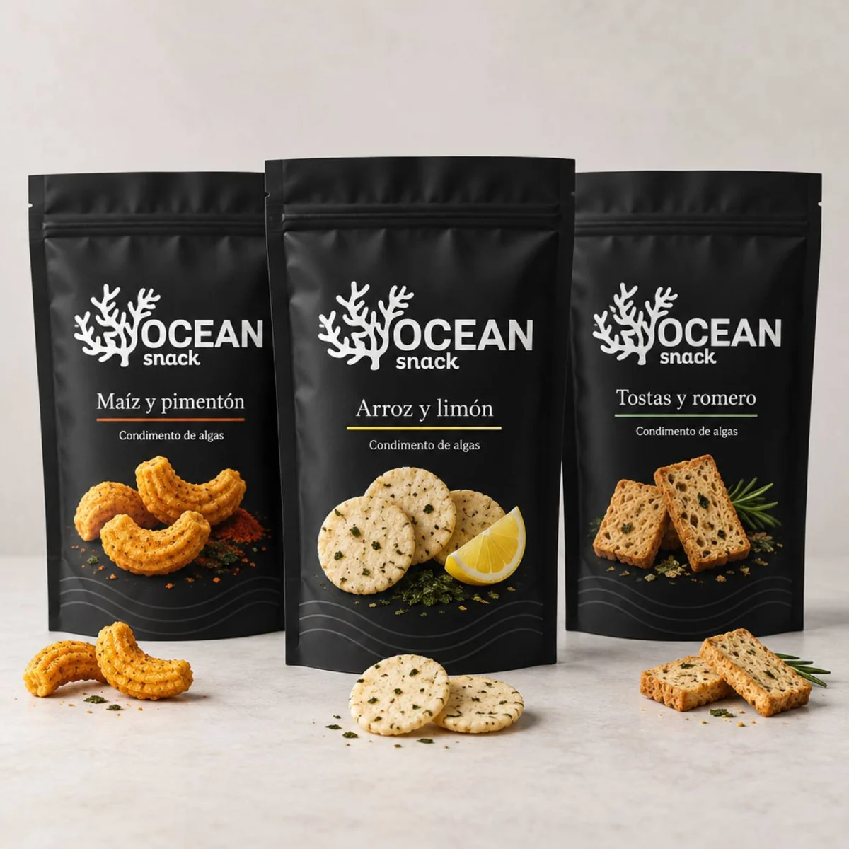 Ocean Snack: gama aprobada de maíz y pimentón, arroz y limón, y tostas y romero